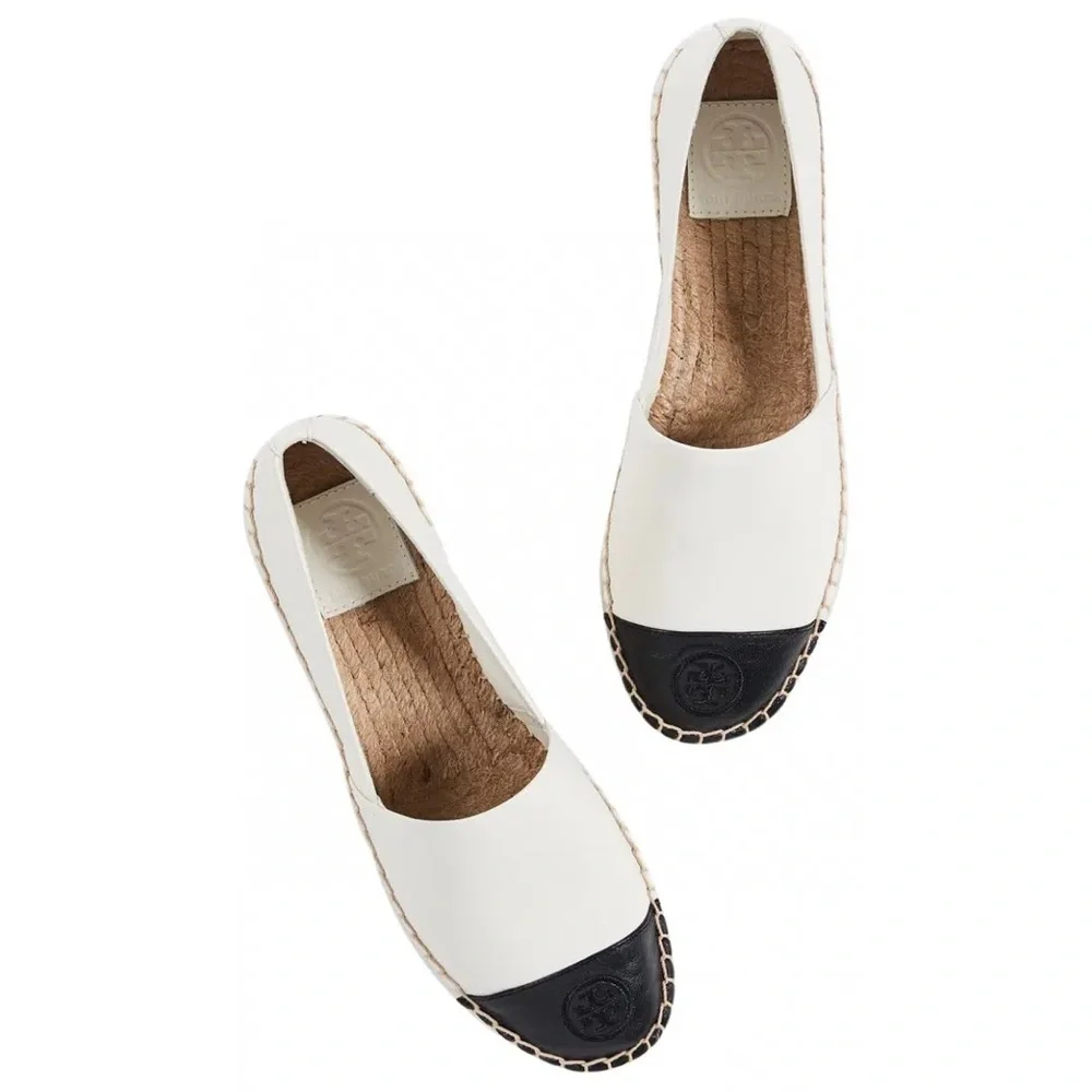 Tory Burch White Leather Espadrilles with Black Toe Cap